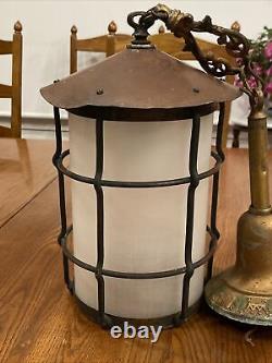 Vtg Antique Arts & Crafts Metal Hanging Lamp Lantern Fixture Cage Copper Patina