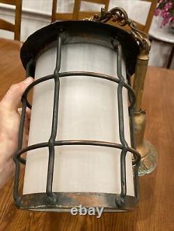 Vtg Antique Arts & Crafts Metal Hanging Lamp Lantern Fixture Cage Copper Patina