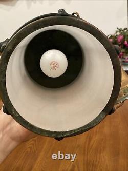 Vtg Antique Arts & Crafts Metal Hanging Lamp Lantern Fixture Cage Copper Patina
