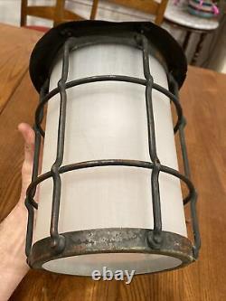 Vtg Antique Arts & Crafts Metal Hanging Lamp Lantern Fixture Cage Copper Patina