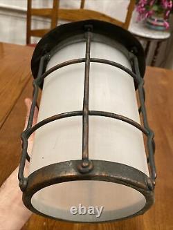 Vtg Antique Arts & Crafts Metal Hanging Lamp Lantern Fixture Cage Copper Patina