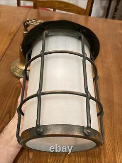 Vtg Antique Arts & Crafts Metal Hanging Lamp Lantern Fixture Cage Copper Patina