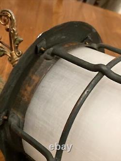 Vtg Antique Arts & Crafts Metal Hanging Lamp Lantern Fixture Cage Copper Patina