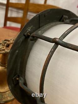 Vtg Antique Arts & Crafts Metal Hanging Lamp Lantern Fixture Cage Copper Patina