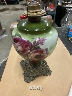 Vtg Antique Eagle Flower Oil Hurricane Lantern Cast Iron Art Deco Base k220