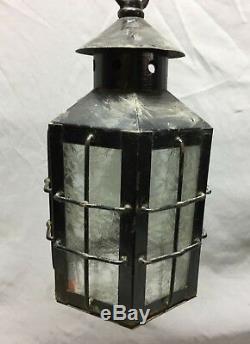 Vtg Arts Crafts Copper Iced Glass Pendant Light Fixture Lantern Mission 102-19C