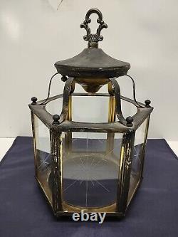 Vtg Brass Hanging Hall Lantern, Hexagonal Shaped with Starburst Glass (No Wiring)