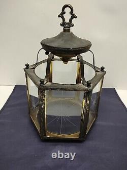 Vtg Brass Hanging Hall Lantern, Hexagonal Shaped with Starburst Glass (No Wiring)