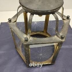 Vtg Brass Hanging Hall Lantern, Hexagonal Shaped with Starburst Glass (No Wiring)