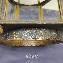 Vtg Brass Hanging Hall Lantern, Hexagonal Shaped with Starburst Glass (No Wiring)