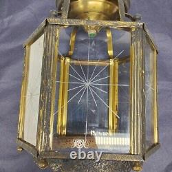 Vtg Brass Hanging Hall Lantern, Hexagonal Shaped with Starburst Glass (No Wiring)