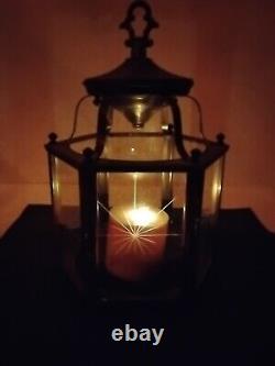Vtg Brass Hanging Hall Lantern, Hexagonal Shaped with Starburst Glass (No Wiring)