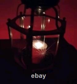 Vtg Brass Hanging Hall Lantern, Hexagonal Shaped with Starburst Glass (No Wiring)