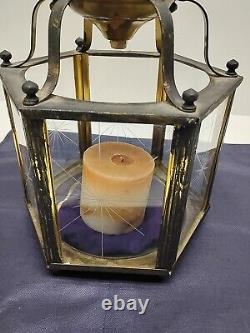 Vtg Brass Hanging Hall Lantern, Hexagonal Shaped with Starburst Glass (No Wiring)