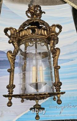 Vtg French Ormolu Hall Lantern Pendant Lamp Filigree Gilt Hollywood regency