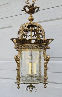 Vtg French Ormolu Hall Lantern Pendant Lamp Filigree Gilt Hollywood regency