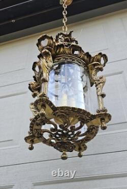 Vtg French Ormolu Hall Lantern Pendant Lamp Filigree Gilt Hollywood regency