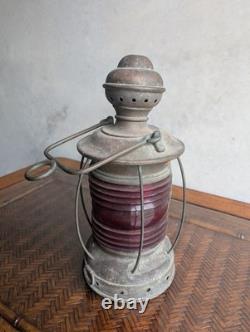 Vtg Marine Anchor Lantern Oil Lantern Maritime Lighting Brass with Red Glass