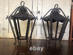 Vtg PAIR Large Antique MCM Wrought Iron Outdoor Hanging Wall Lantern Fixtures-2
