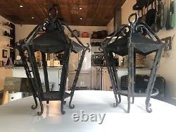 Vtg PAIR Large Antique MCM Wrought Iron Outdoor Hanging Wall Lantern Fixtures-2