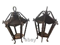 Vtg PAIR Large Antique MCM Wrought Iron Outdoor Hanging Wall Lantern Fixtures-2