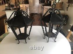 Vtg PAIR Large Antique MCM Wrought Iron Outdoor Hanging Wall Lantern Fixtures-2