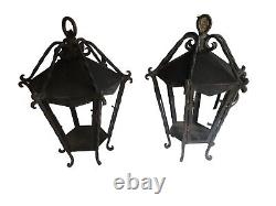 Vtg PAIR Large Antique MCM Wrought Iron Outdoor Hanging Wall Lantern Fixtures-2
