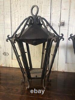 Vtg PAIR Large Antique MCM Wrought Iron Outdoor Hanging Wall Lantern Fixtures-2
