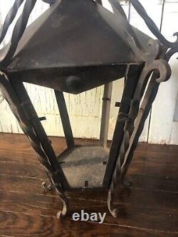 Vtg PAIR Large Antique MCM Wrought Iron Outdoor Hanging Wall Lantern Fixtures-2