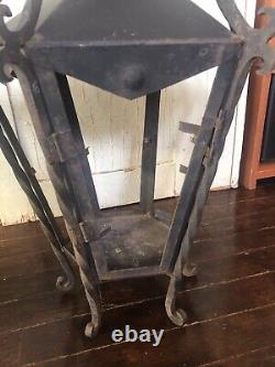 Vtg PAIR Large Antique MCM Wrought Iron Outdoor Hanging Wall Lantern Fixtures-2