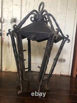 Vtg PAIR Large Antique MCM Wrought Iron Outdoor Hanging Wall Lantern Fixtures-2