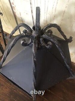 Vtg PAIR Large Antique MCM Wrought Iron Outdoor Hanging Wall Lantern Fixtures-2