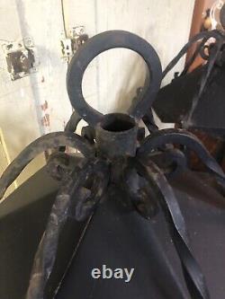Vtg PAIR Large Antique MCM Wrought Iron Outdoor Hanging Wall Lantern Fixtures-2