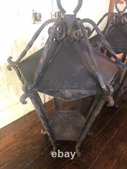 Vtg PAIR Large Antique MCM Wrought Iron Outdoor Hanging Wall Lantern Fixtures-2
