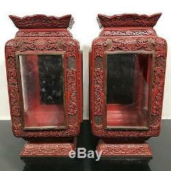 Vtg Pair Chinese Carved Cinnabar Ornate Wedding Lanterns Shadowbox Cases withGlass