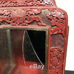 Vtg Pair Chinese Carved Cinnabar Ornate Wedding Lanterns Shadowbox Cases withGlass