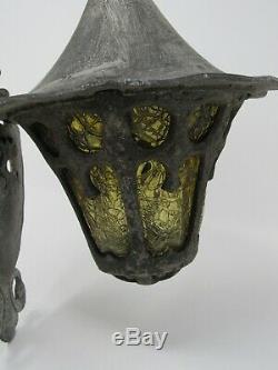 Vtg Porch Light Lantern Arts & Crafts Gothic Fairytale Medieval Glass Insert