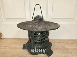 Vtg Solid Cast Iron Japanese Pagoda Lantern Bird Bamboo Org. Green Color Handle