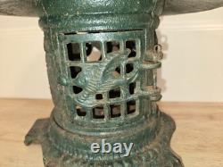 Vtg Solid Cast Iron Japanese Pagoda Lantern Bird Bamboo Org. Green Color Handle