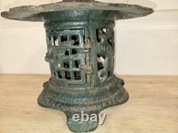 Vtg Solid Cast Iron Japanese Pagoda Lantern Bird Bamboo Org. Green Color Handle