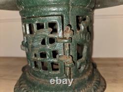 Vtg Solid Cast Iron Japanese Pagoda Lantern Bird Bamboo Org. Green Color Handle