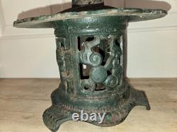 Vtg Solid Cast Iron Japanese Pagoda Lantern Bird Bamboo Org. Green Color Handle