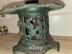Vtg Solid Cast Iron Japanese Pagoda Lantern Bird Bamboo Org. Green Color Handle