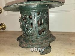 Vtg Solid Cast Iron Japanese Pagoda Lantern Bird Bamboo Org. Green Color Handle