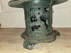 Vtg Solid Cast Iron Japanese Pagoda Lantern Bird Bamboo Org. Green Color Handle