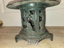 Vtg Solid Cast Iron Japanese Pagoda Lantern Bird Bamboo Org. Green Color Handle