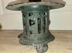 Vtg Solid Cast Iron Japanese Pagoda Lantern Bird Bamboo Org. Green Color Handle