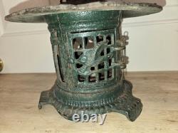 Vtg Solid Cast Iron Japanese Pagoda Lantern Bird Bamboo Org. Green Color Handle