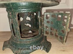 Vtg Solid Cast Iron Japanese Pagoda Lantern Bird Bamboo Org. Green Color Handle