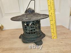 Vtg Solid Cast Iron Japanese Pagoda Lantern Bird Bamboo Org. Green Color Handle